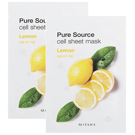 Missha แพ็คคู่สุดคุ้ม!! Pure Source Cell Sheet Mask-Lemon 21g x 2 แผ่นมาส์กหน้านุ่มละมุนผิว ช่วยส่งมอบคุณค่าการบำรุงเข้าสู่ผิวได้อย่างมีประสิทธิภาพ ช่วยให้ผิวแห้งกร้านให้กลับมาเนียนใส มีชีวิตชีวาอีกครั้ง