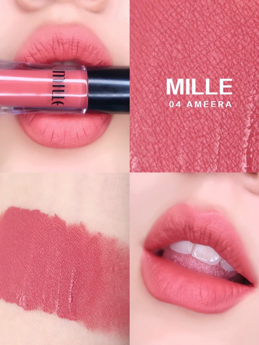 Mille Satin Matte Liquid Lip #04 Ameera 1. 7 g ลิปสติกเนื้อแมตท์ ผิวสัมผัสเรียบเนียนดุจกำมะหยี่ นุ่มลื่นทาง่าย ให้สีสันสวยเจิดจรัสยาวนานตลอดวัน