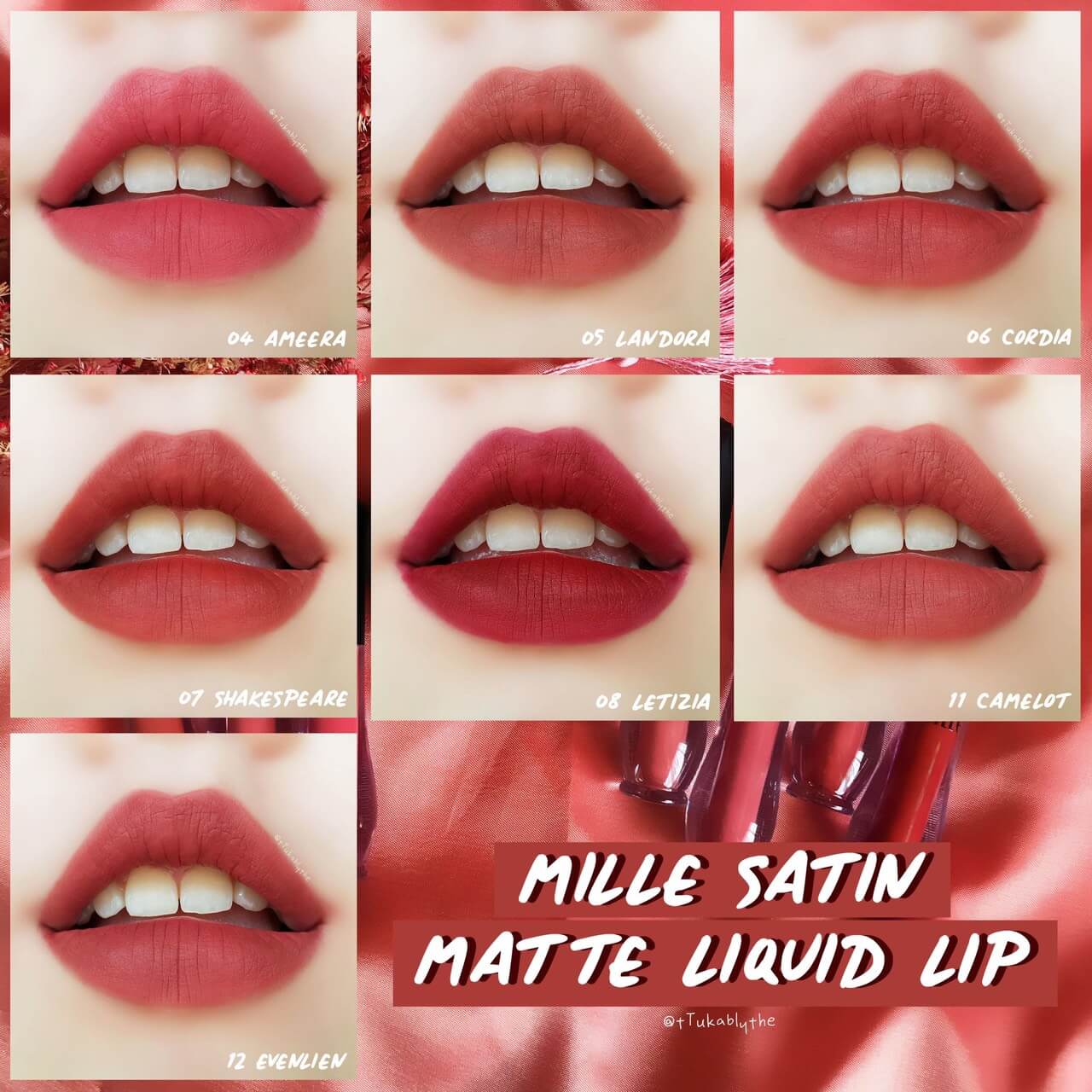 Mille Satin Matte Liquid Lip ลิปสติกเนื้อแมตท์ ผิวสัมผัสเรียบเนียนดุจกำมะหยี่เนื้อนุ่ม ติดทนนาน 24 ชม. หมดกังวลกับปัญหาเรื่องสีซีดจางระหว่างวัน เนรมิตริมฝีปากให้อวบอิ่ม น่าหลงใหล จนทุกคนต้องเหลียวหลัง